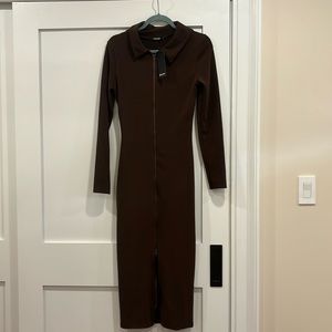 New with tags. Brown zip up slit hem midi dress.